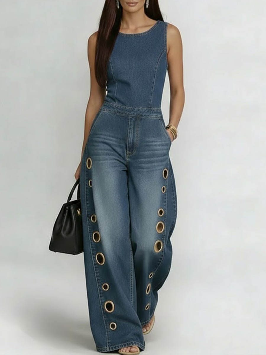 Geometric Hollow Pockets Solid Color Split-Joint High Waisted Loose Round-Neck Jumpsuits