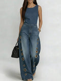 Geometric Hollow Pockets Solid Color Split-Joint High Waisted Loose Round-Neck Jumpsuits