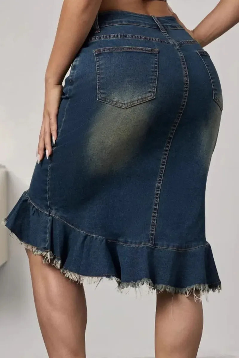 Women Dark Blue Gradient Wash High Waist Raw Fray Ruffle Hem Bodycon Mermaid Denim Midi Skirt