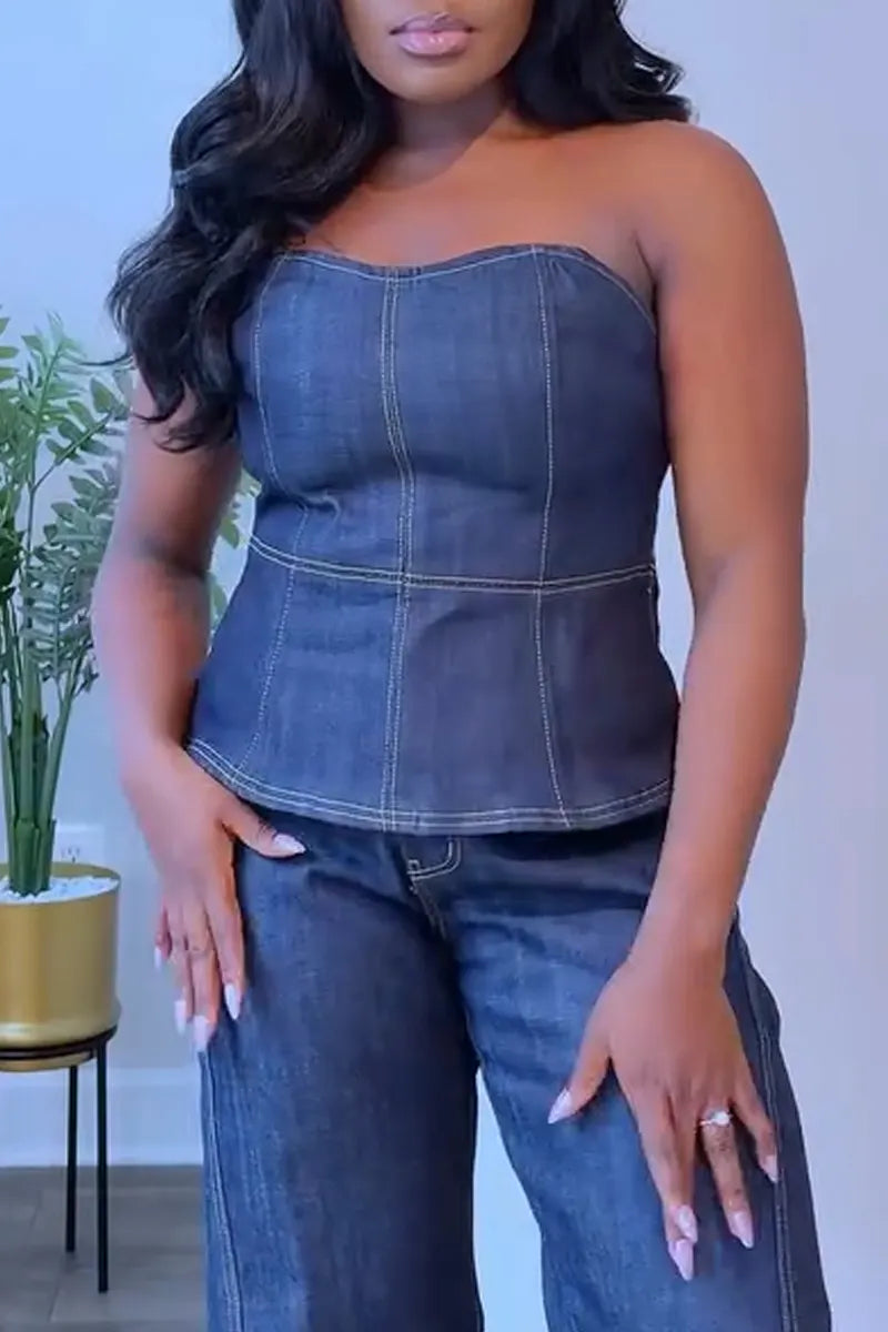 Women's Temperament Casual Strapless Denim Patchwork Top or Wide Leg Jeans or Lapel Denim Jacket
