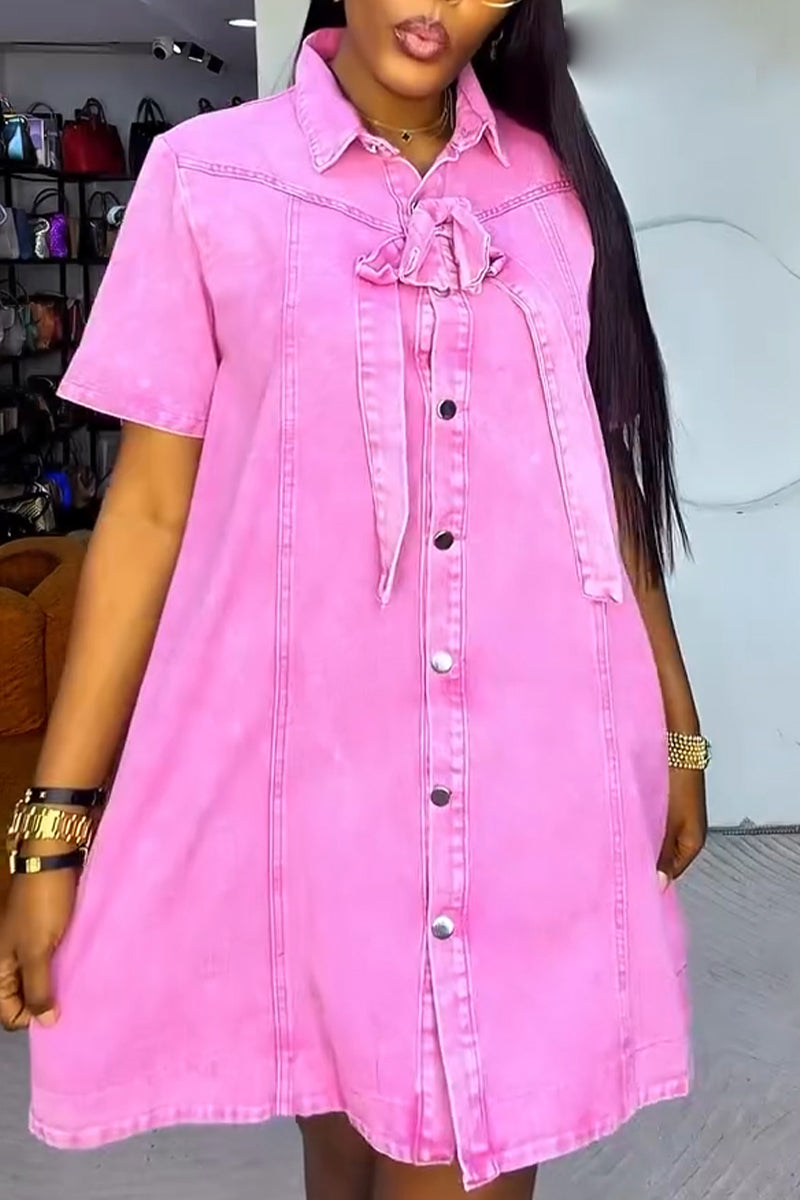 Women's Casual Denim Dress with Lapel and Buckle Splicing