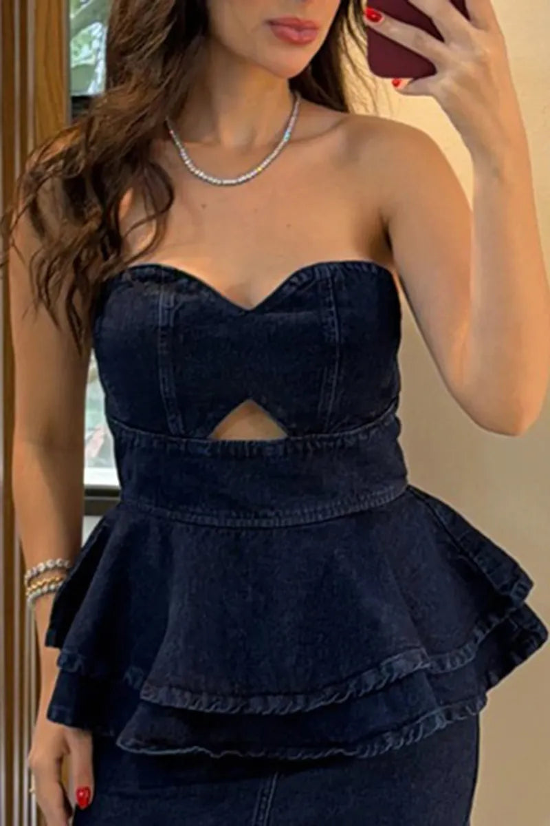 Women's Elegant Double Layer Flounce Hem Denim Vest or Skirt
