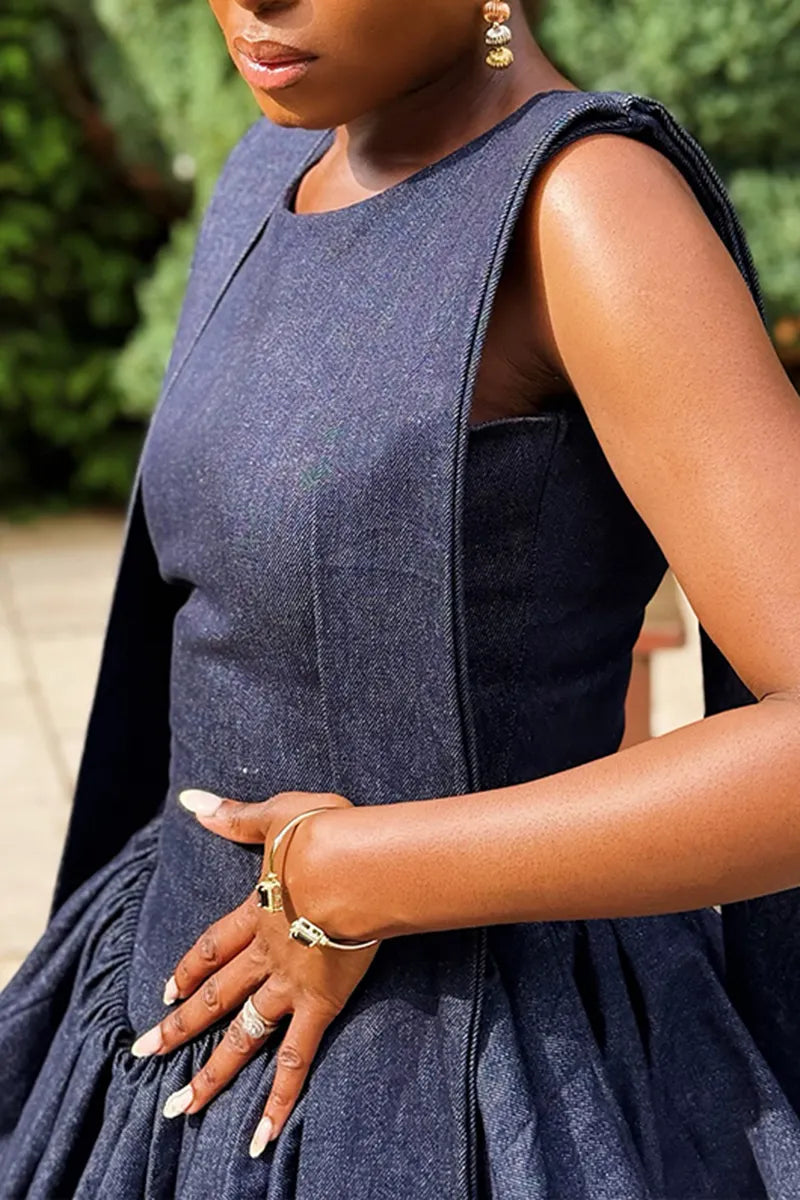 Women's Casual Double Layer Flounce Hem Denim Dress