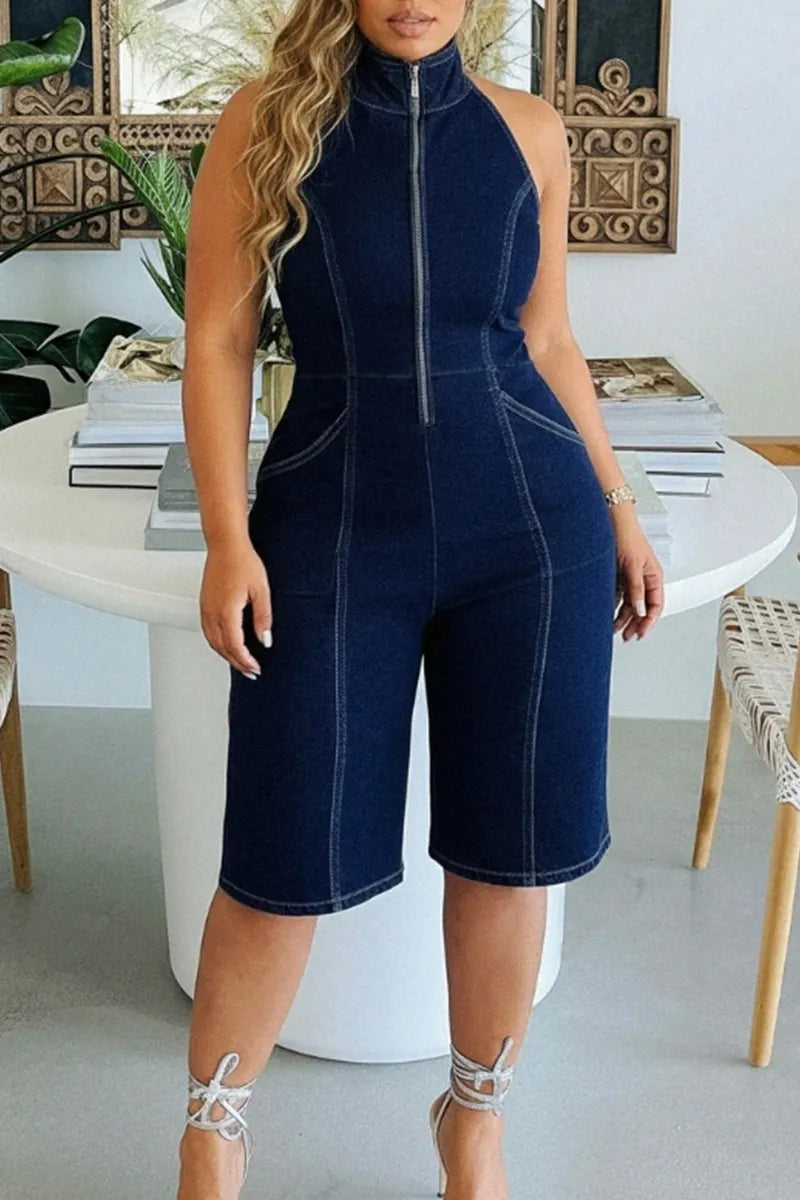 Women's Casual Zippered Denim Jumpsuit