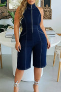 Women's Casual Zippered Denim Jumpsuit