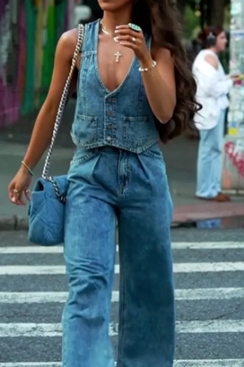 Women's Sleeveless Vest With Pockets Denim Top Or Wide Leg Jeans