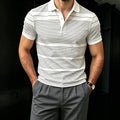 Men's Casual Gray & White Color Matching Striped Printed Short Sleeves Polo Shirt