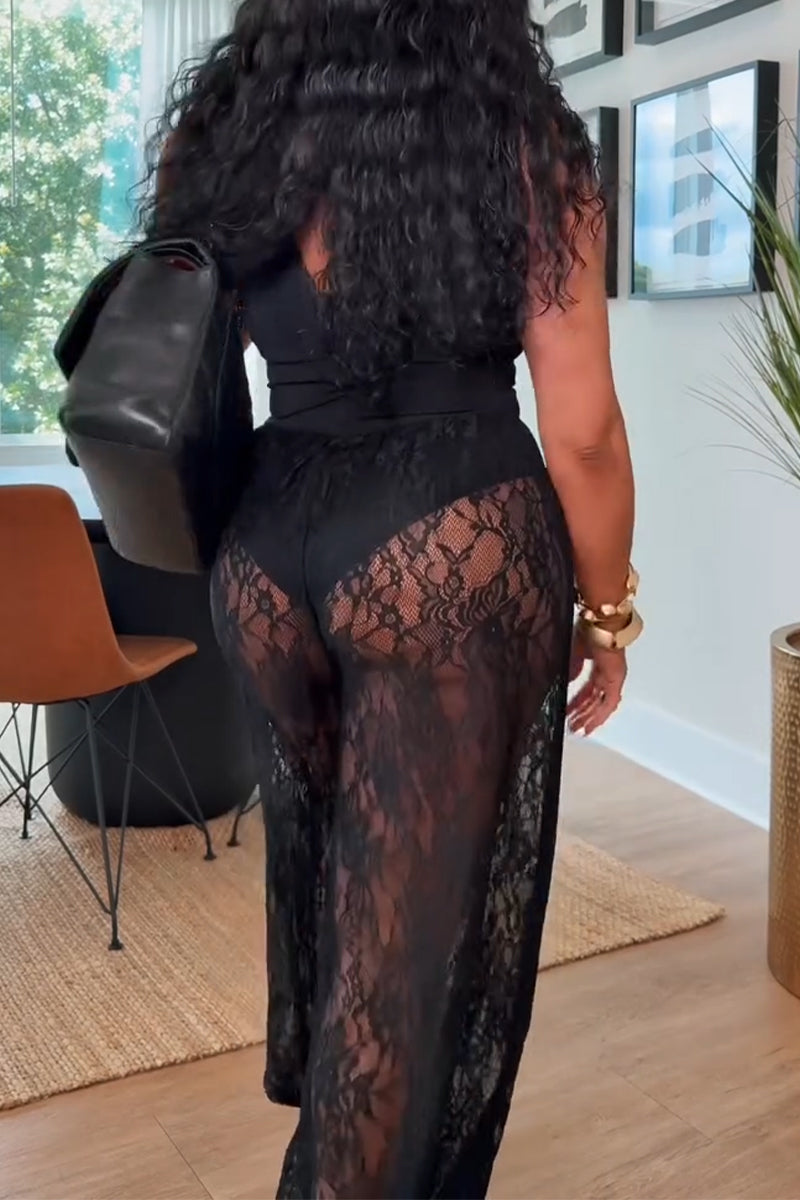 Women's Round Neck Sleeveless Patchwork Lace Pattern Sexy Casual Jumpsuit