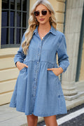 Casual Pleated Panel Hem Washed Denim Dress