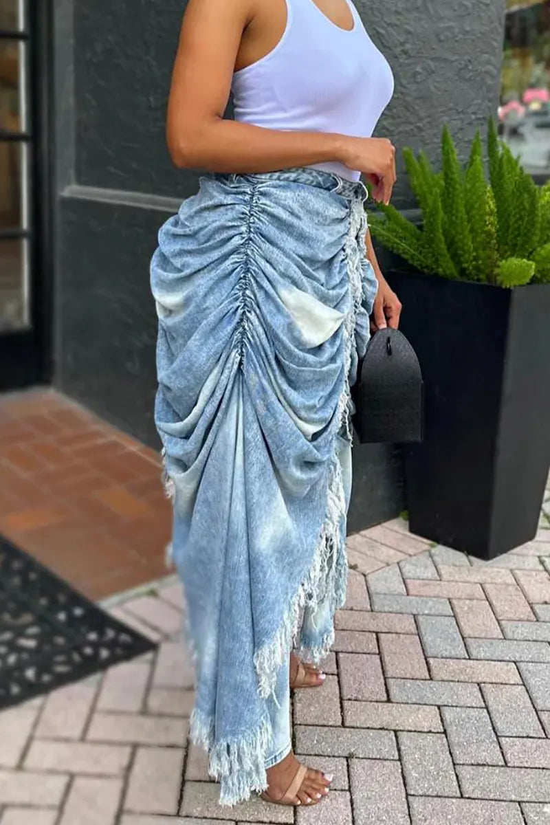 Women Patchwork Washed Tassel Casual Jeans