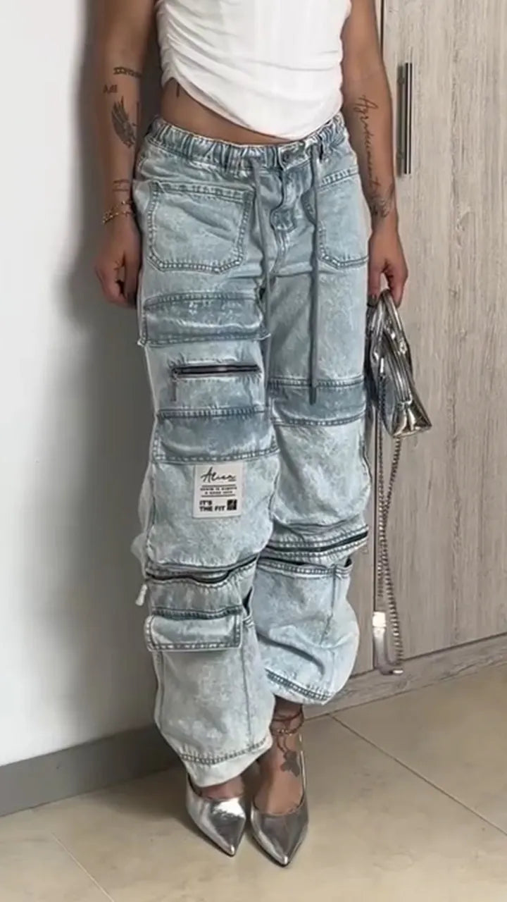Women Drawstring Spliced Multi Pocket Casual Jeans