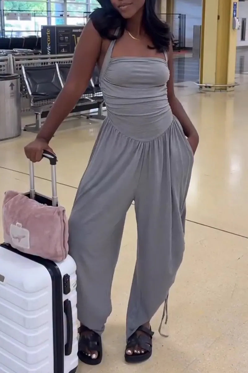 Women's Hanging Neck Splicing Solid Color Casual Jumpsuit