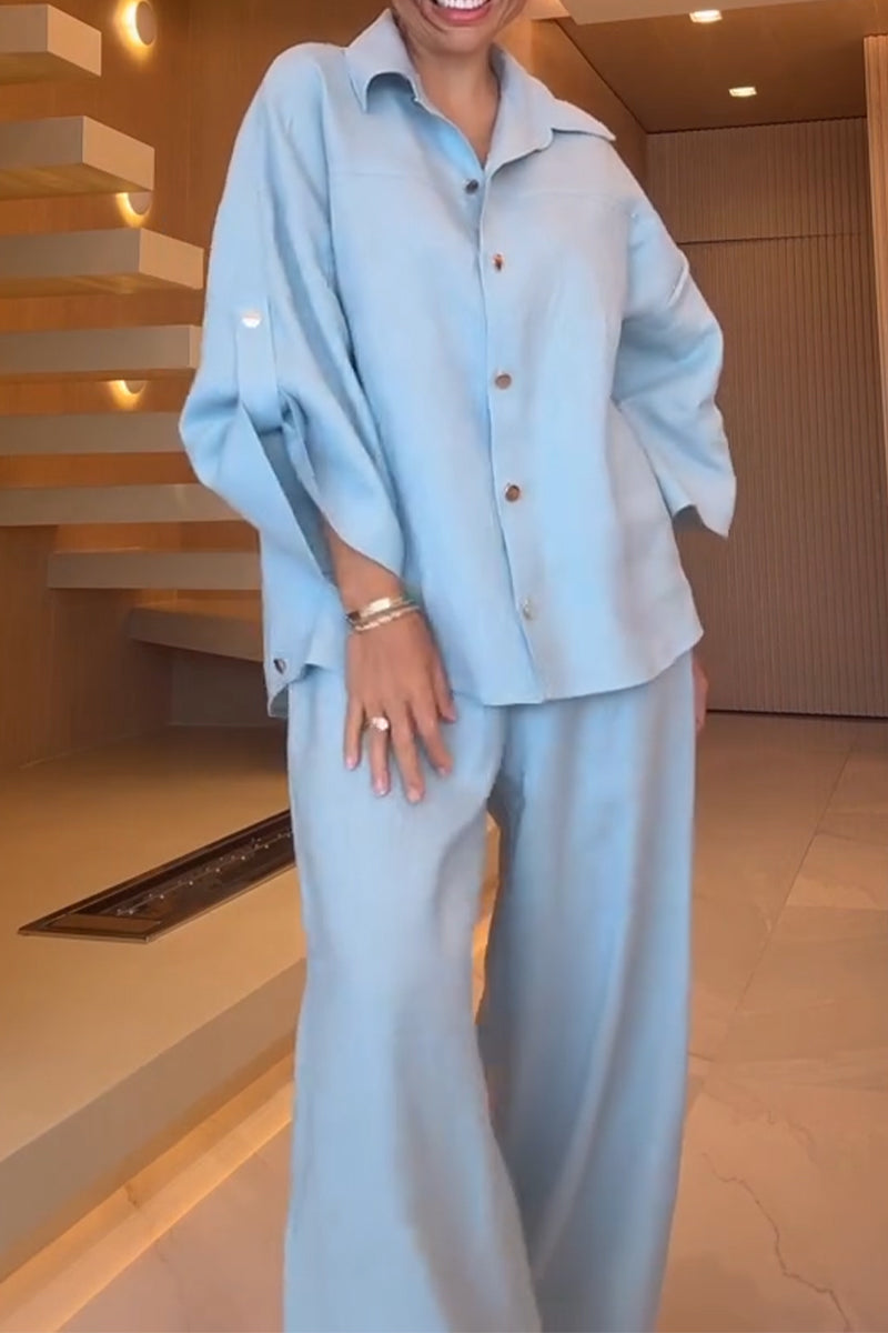 Women's Collar Button Down Shirt+ Pants Casual Suit