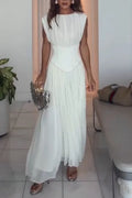Women's Round Neck Waist Cinched Solid Color Elegant Casual Dress