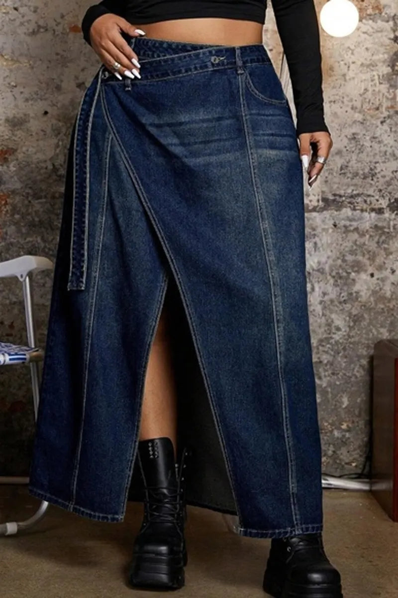 Ladies' Casual Dark Washed High Waisted Lace Up Denim Skirt, Long Skirt