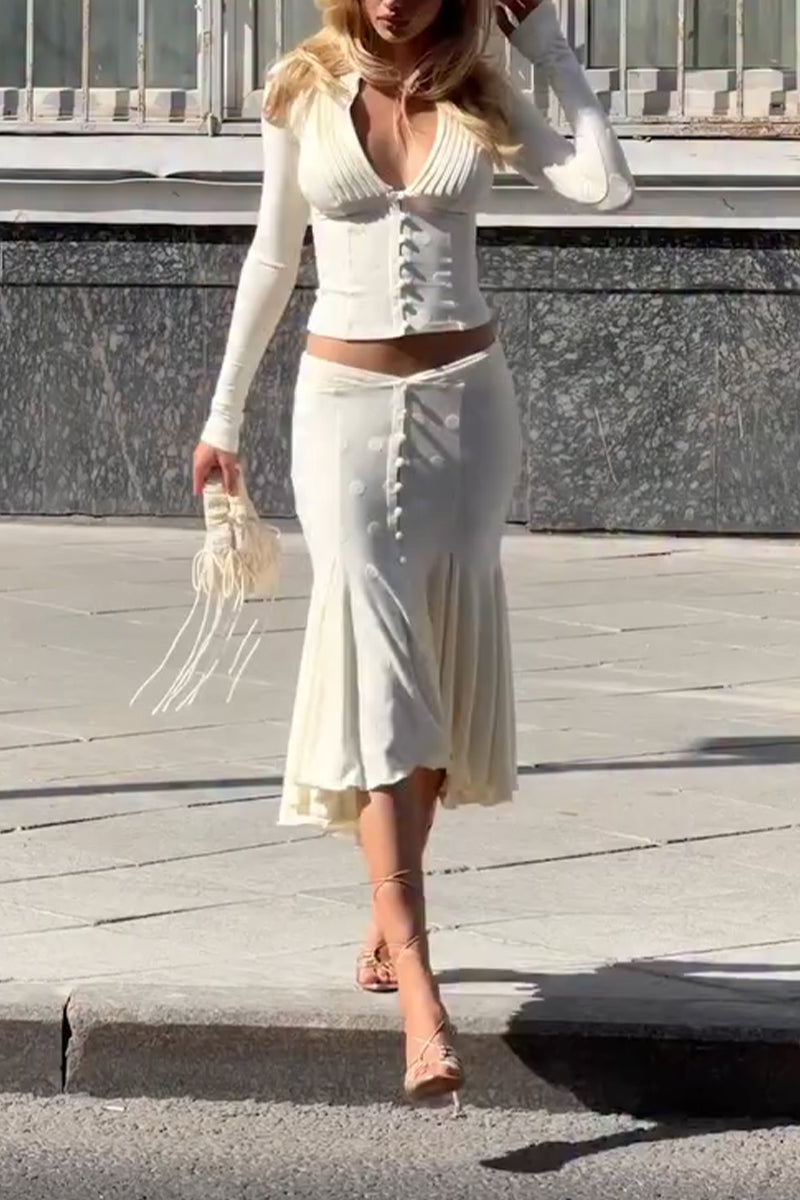 Women's Low Neck Breasted Top+ Half Skirt Elegant Temperament Set