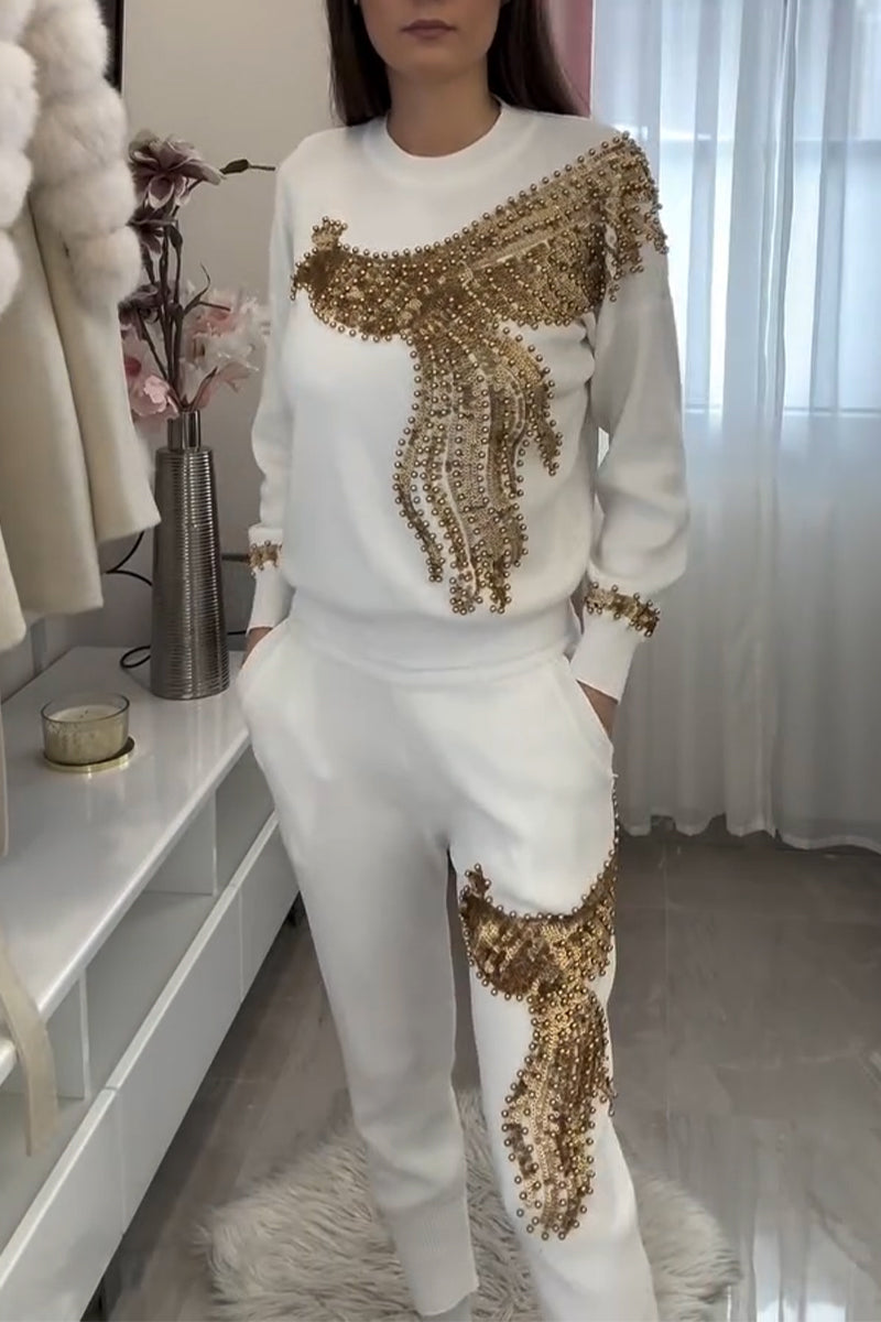 Women's Casual Round Neck Nail Bead Sequin Pattern Top or Pants