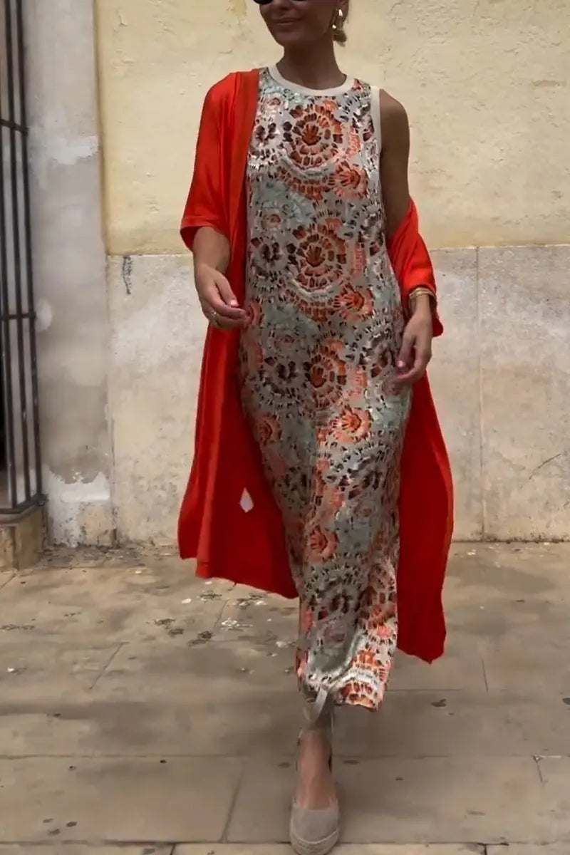 Women's Elegant Casual Round Neck Sleeveless Printed Dress or Cardigan