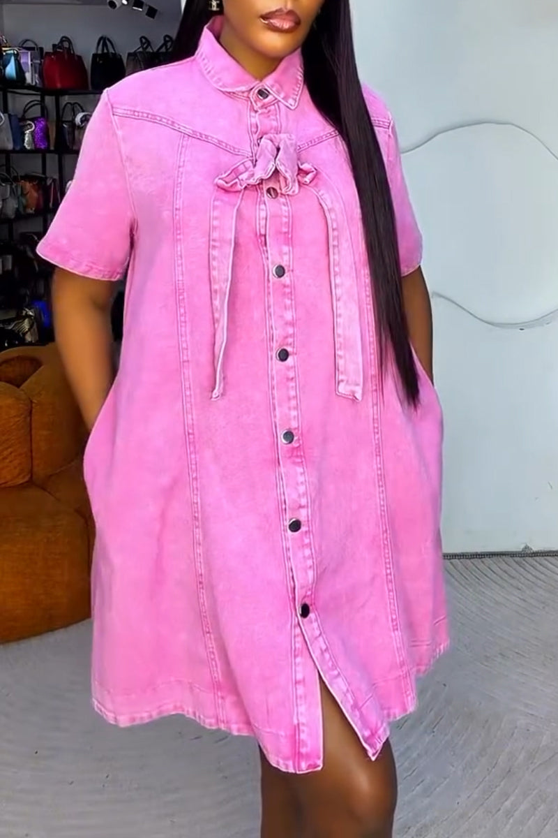 Women's Casual Denim Dress with Lapel and Buckle Splicing