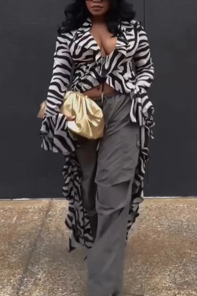 Women Collar Zebra Patterned Irregular Casual Long Top
