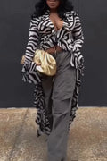Women Collar Zebra Patterned Irregular Casual Long Top
