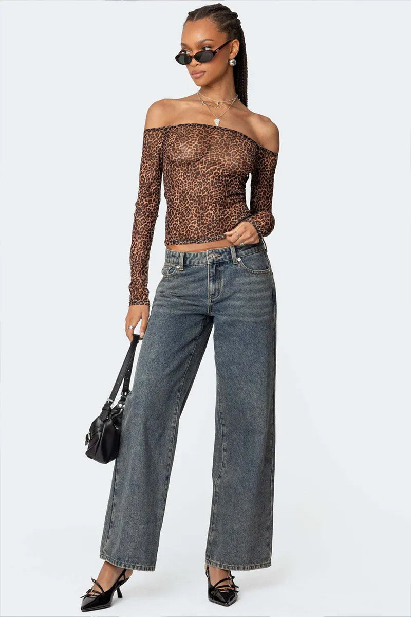 Women's Heart-themed leopard pattern Low-Rise Jeans