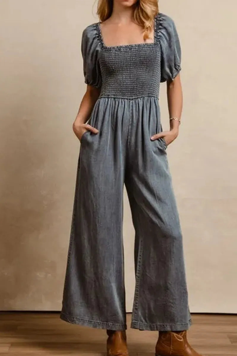 Women's Casual Puff Sleeve Wide Leg Denim Jumpsuit (Belts Are Not For Sale)