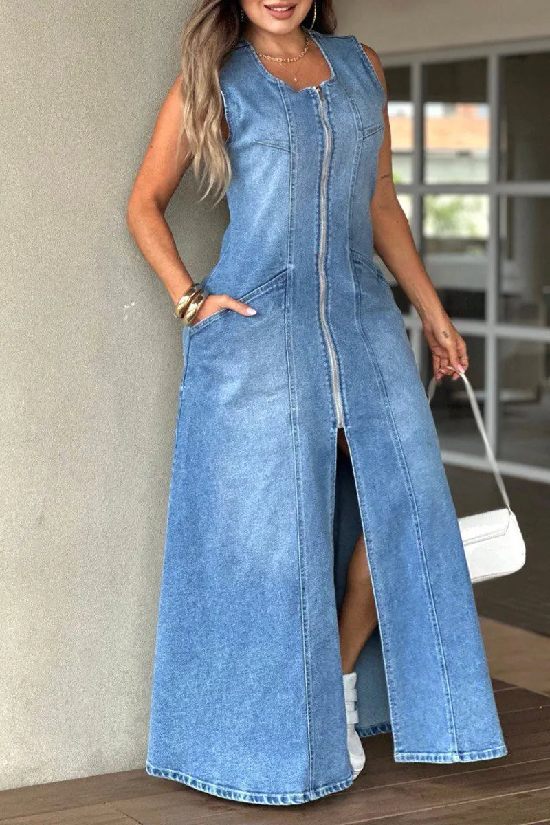 Women's Casual Zipper Slit Hem Denim Dress