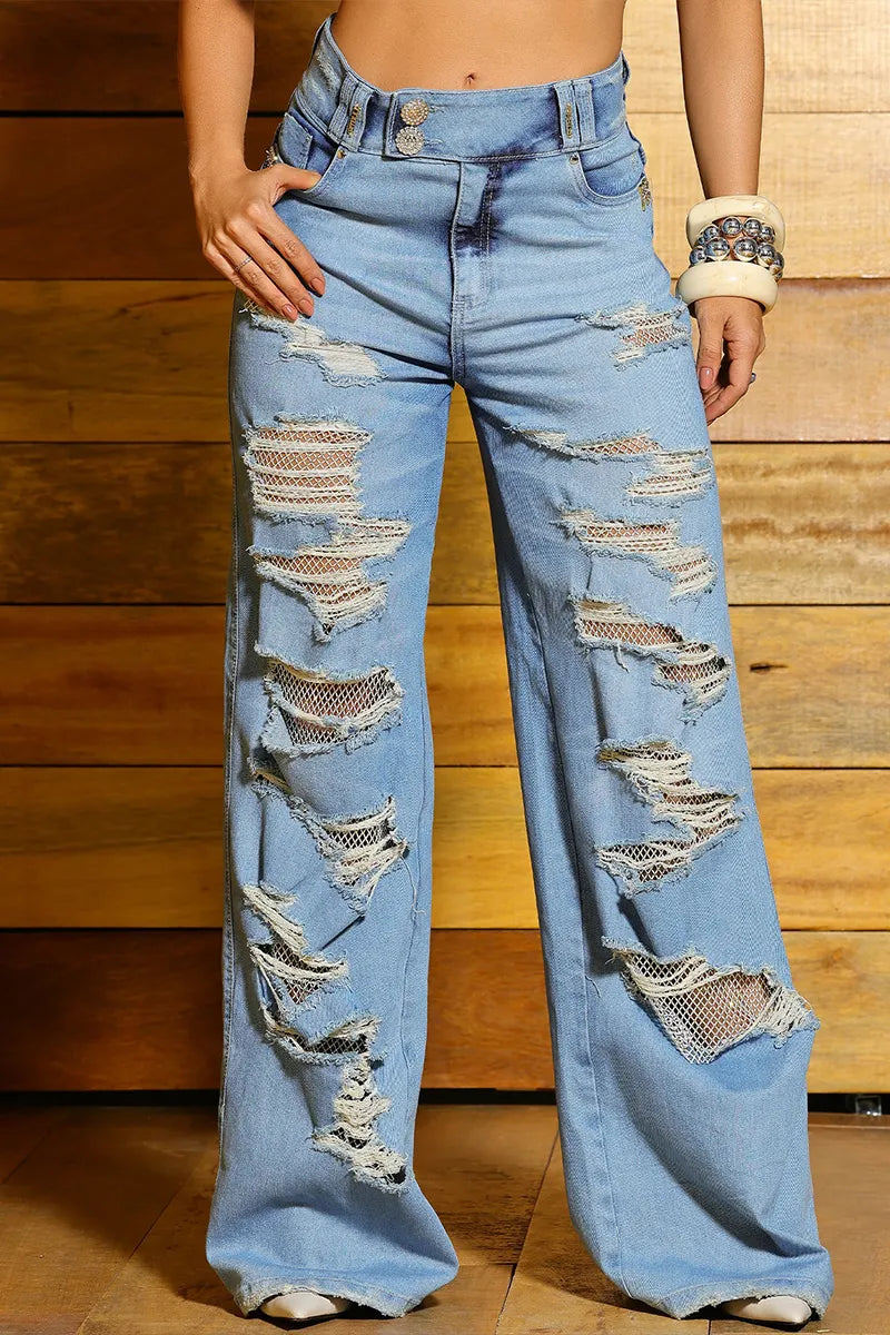 Women's Fashion Ripped Mesh Patchwork Wide Leg Jeans