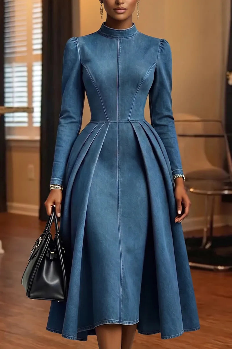 Women's Elegant Pleated A-Line Hem Denim Midi Dress