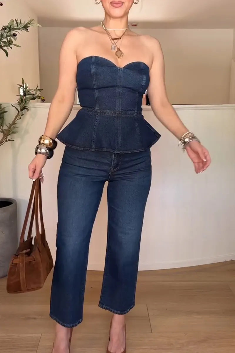 Women's Fashion Flounce Bustier Vest or Straight Jeans