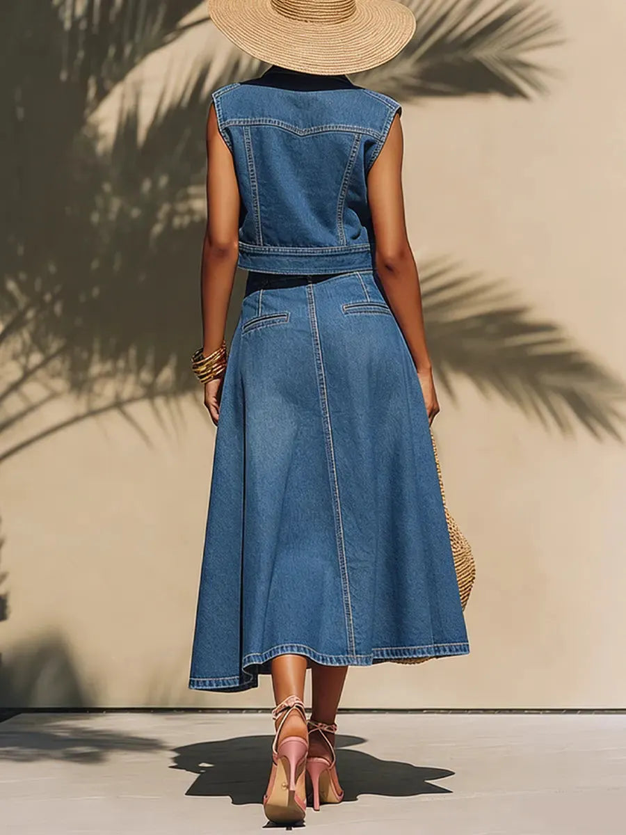 Women's Casual Vacation Lapel Sleeveless Top And Skirt Denim Set