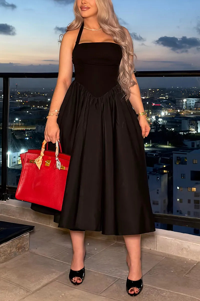 Women's Elegant Patchwork Decoration A-Line Hem Midi Dress