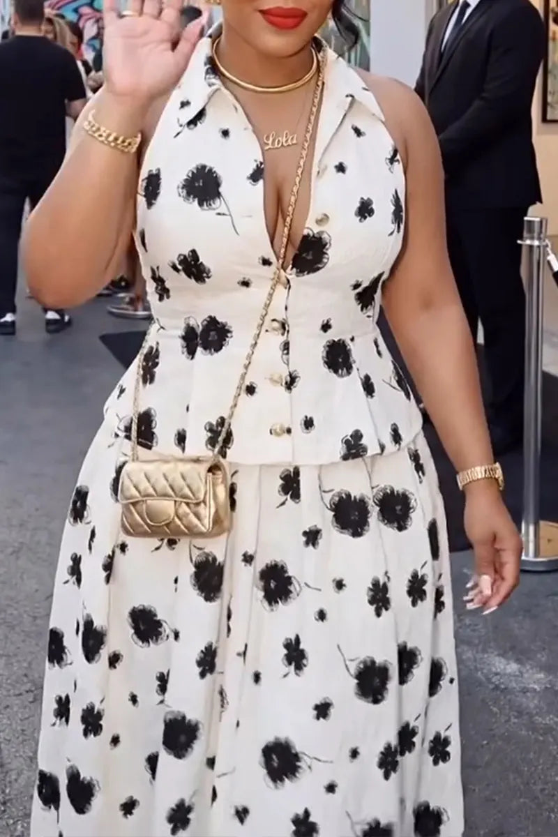 Women's Elegant Button Floral Vest A-Line Skirt Two-Piece Set