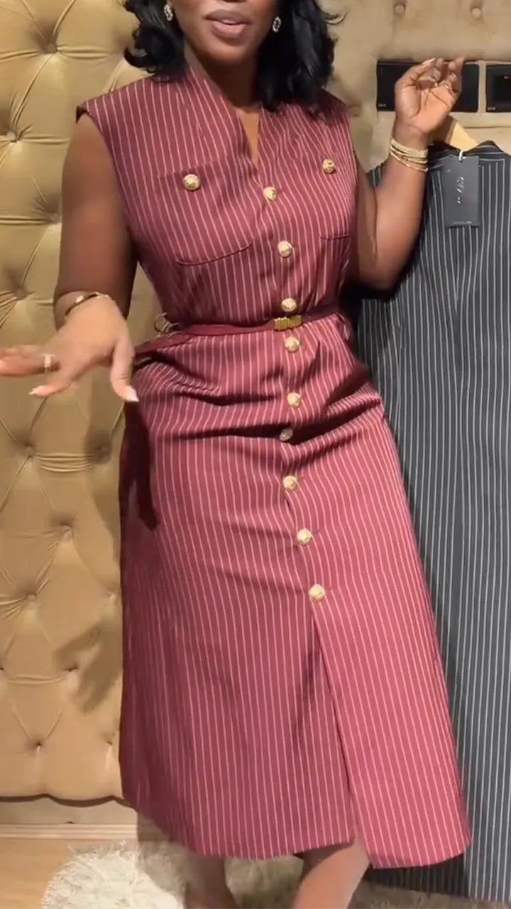 Women V-neck Sleeveless Breasted Vertical Stripe Elegant Temperament Dress