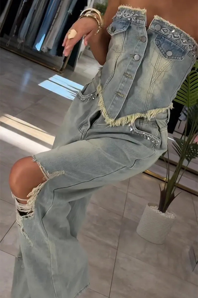 Women's Fashion Rhinestone Denim Bustier or Ripped Jeans
