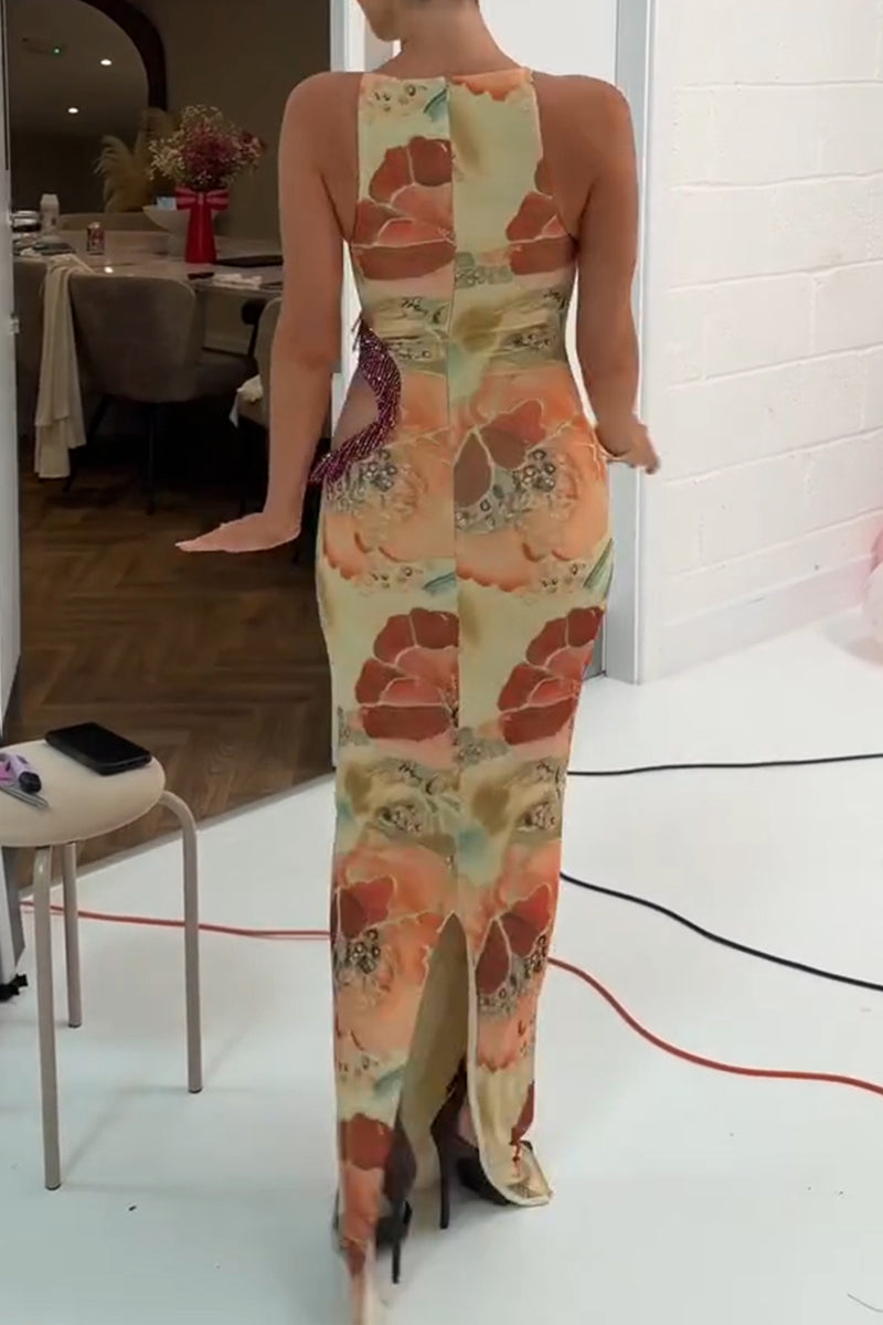 Women's Elegant Printed Waist Hollow Tassel Maxi Dresses
