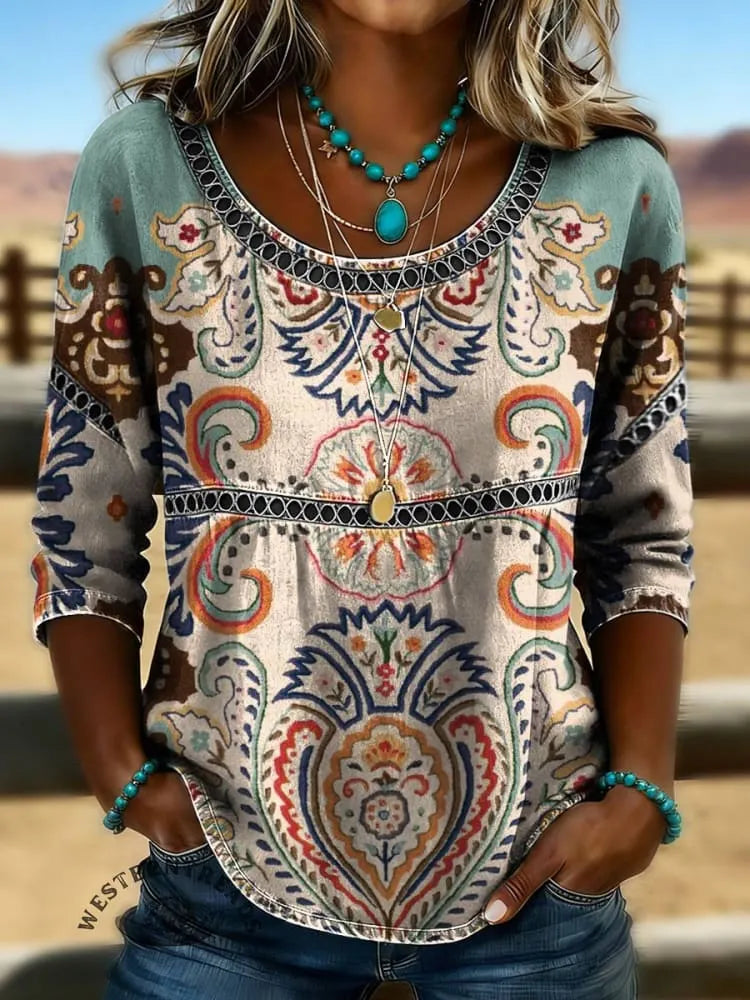 Women's Vintage Print Casual Hollow Denim Shirt