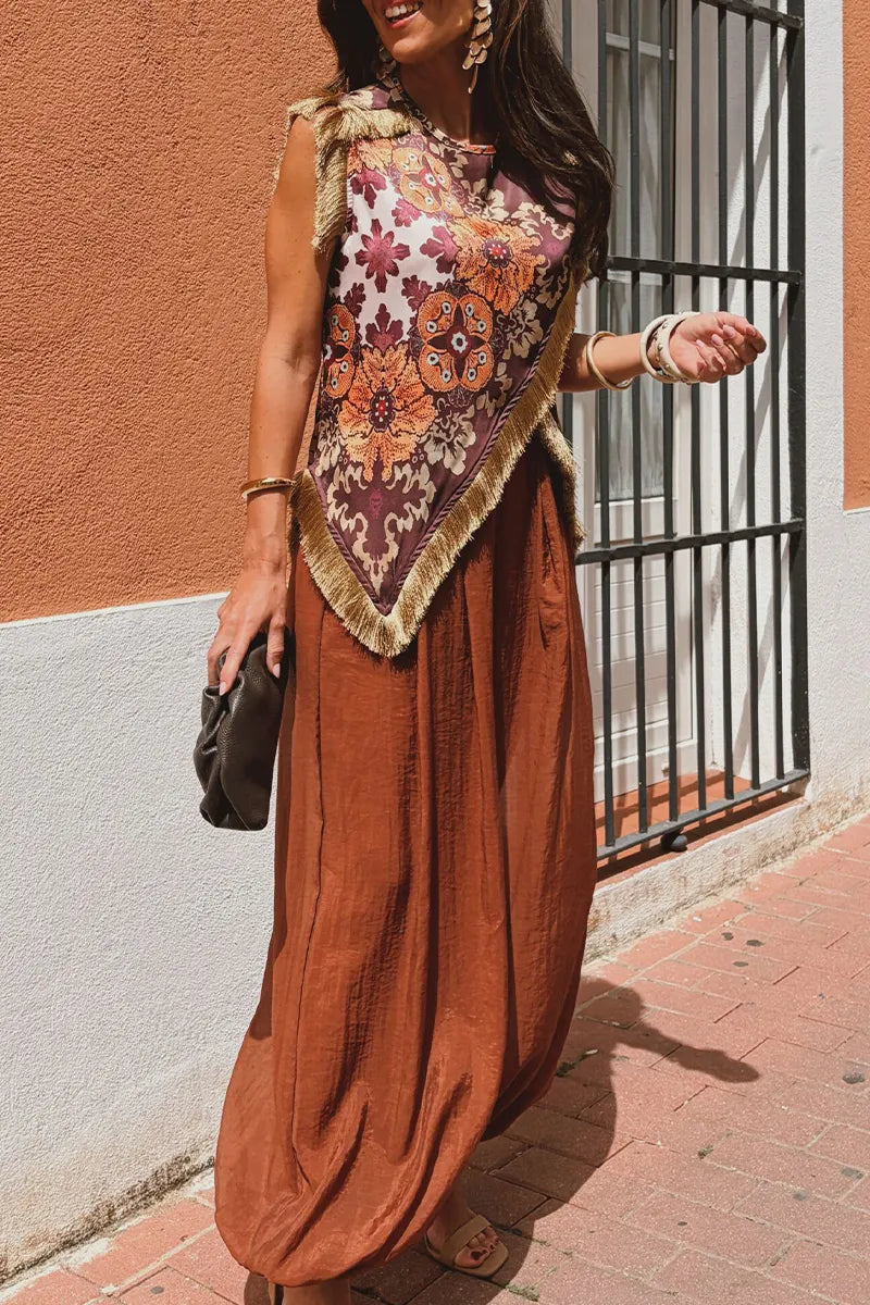 Women Round Neck Printed Patchwork Tassel Irregular Elegant Casual Top