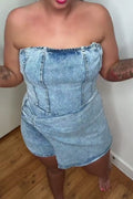 Women's Casual Short Denim Romper With Asymmetrical Design