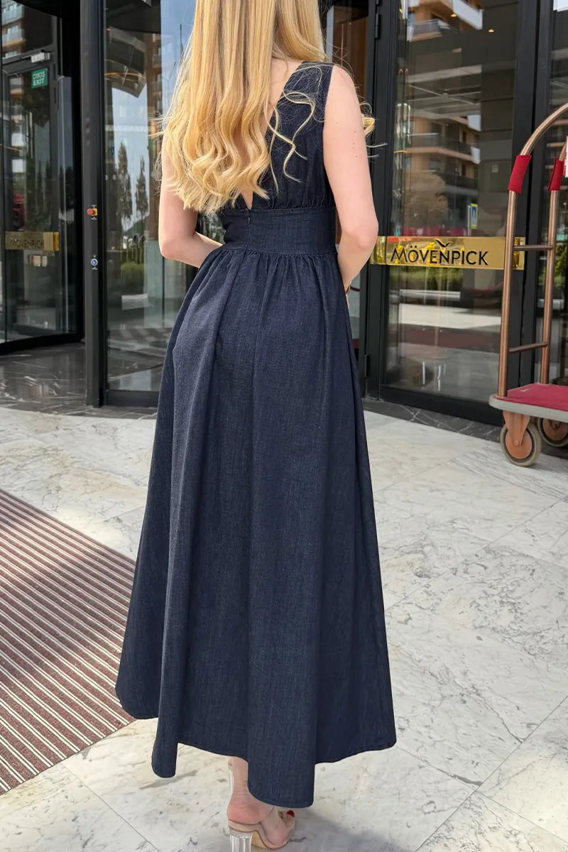 Women's Elegant Waist Defined V-Neck Denim Dress