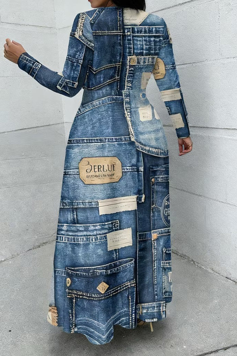 Women's Casual 3D Faux Denim Print Long Sleeve Dress