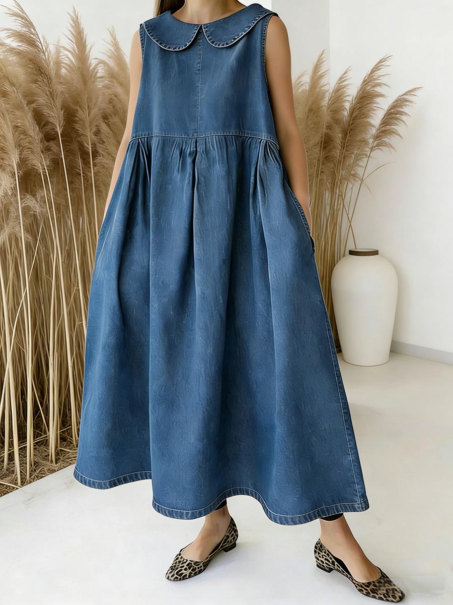 Women's Peter Pan Collar Sleeveless Casual Loose Denim Dress