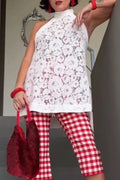Women's Neck Hanging Lace Patterned Back Hollow Top or Plaid Pants