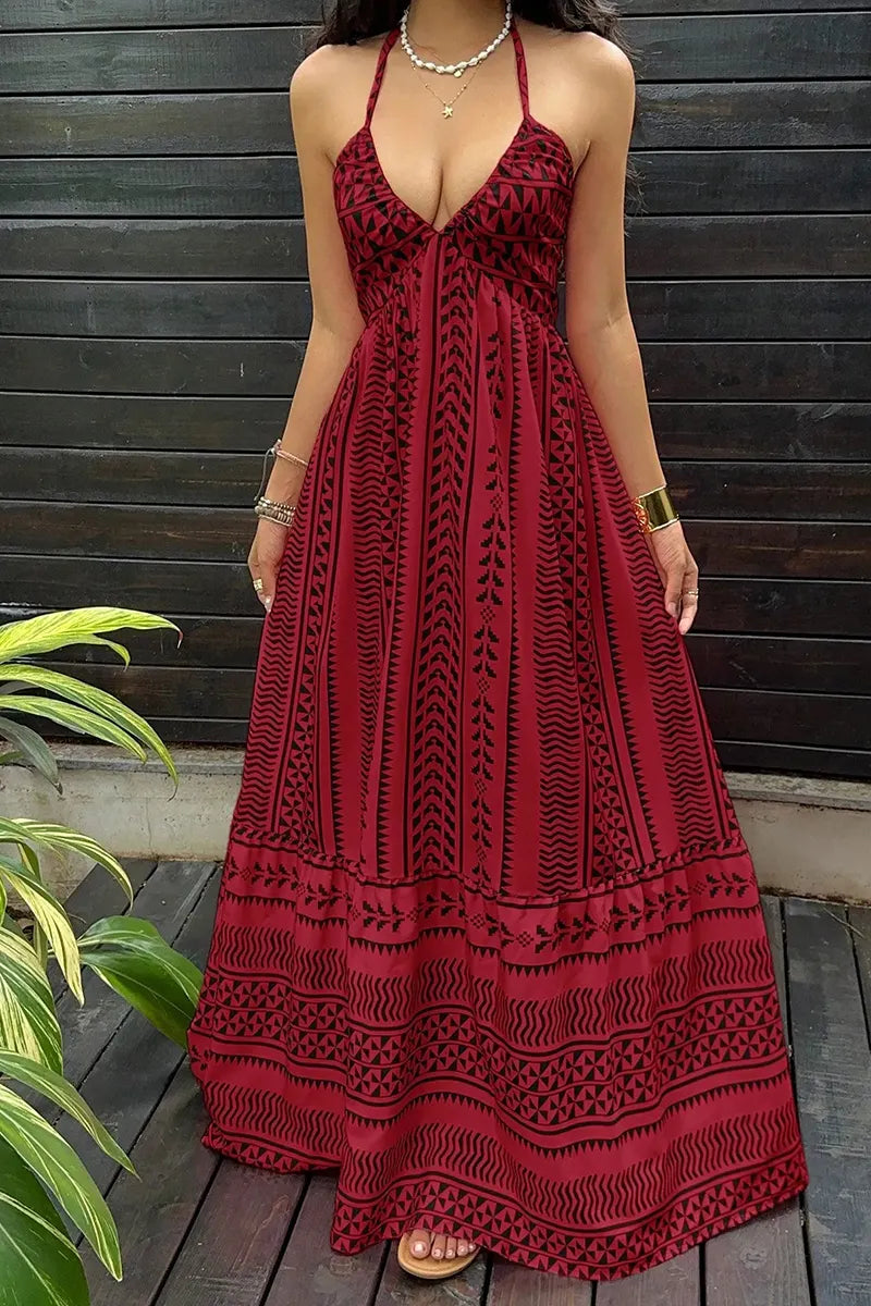 Women's Casual Halter Pattern Print Maxi Dress