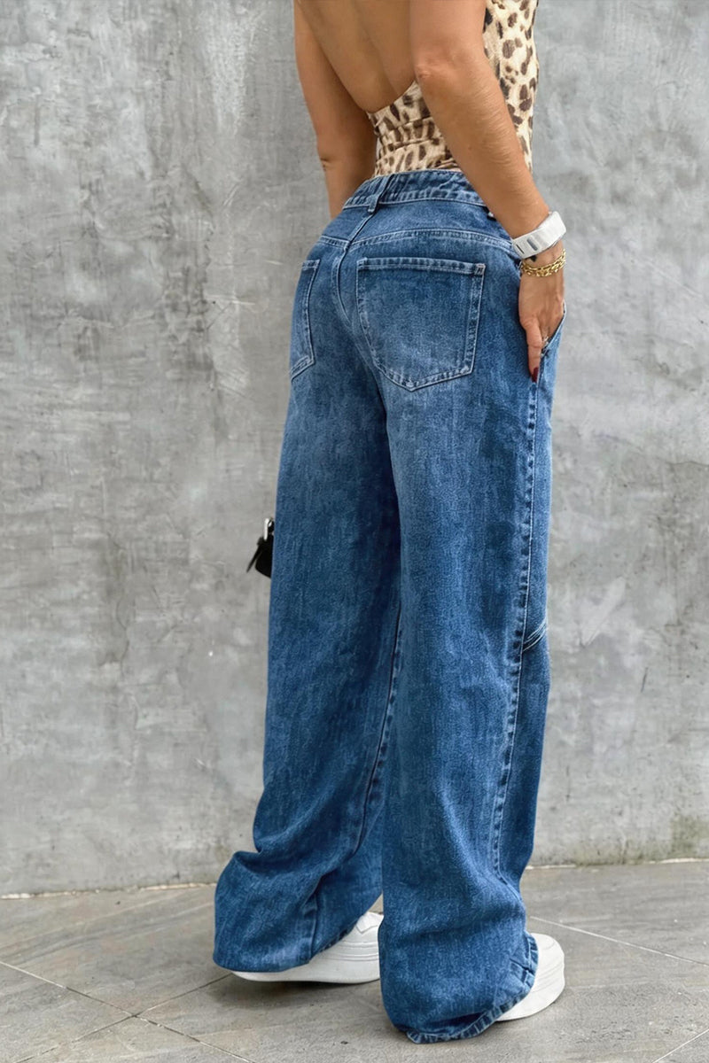 Women's Fashion Asymmetric Waist Pocket Patch Jeans
