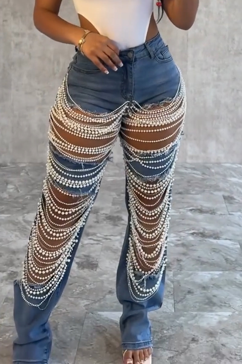 Women's Patchwork Pearl Chain Hollow Sexy Casual Jeans
