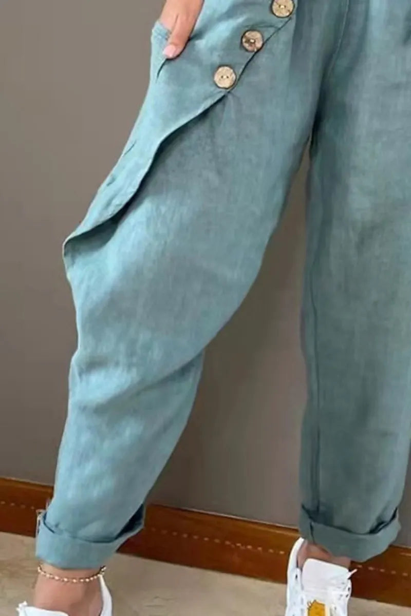Women's Casual High-Waisted Harem Pants with Asymmetrical Pocket & Rolled Cuffs