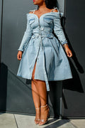 Ladies' Hot Selling Casual Elegant Washed Long Sleeved Knee Length Dress