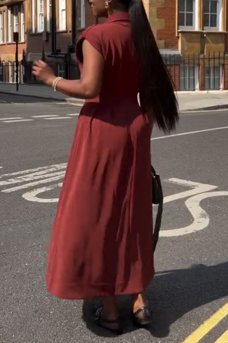Women's Casual Dress with Lapel and Waist Cinched Buckle